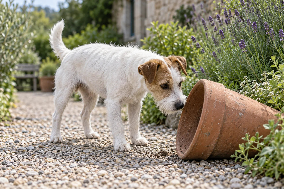 A white and tan broken-coated Jack Russell terrier investigating a garden pot