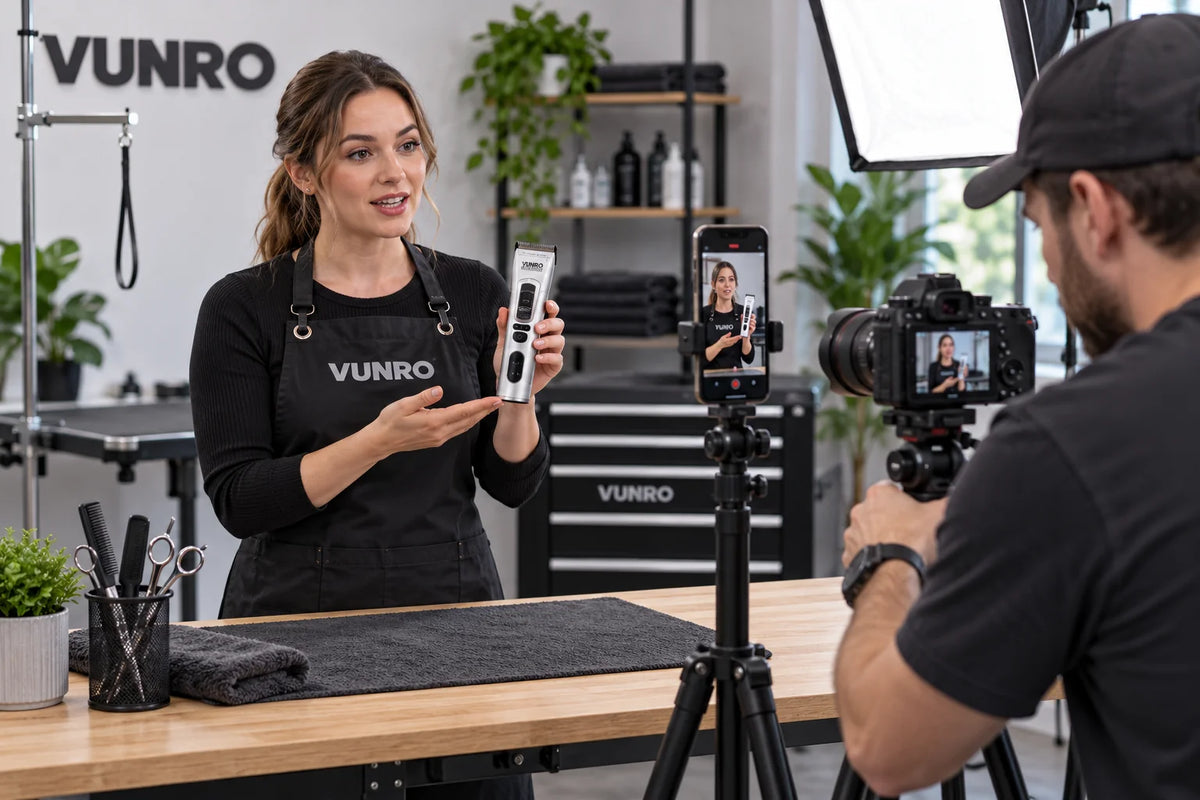 Illustrative presenter and camera operator preparing portrait and landscape coverage of an authentic VUNRO PRO trimmer demonstration.