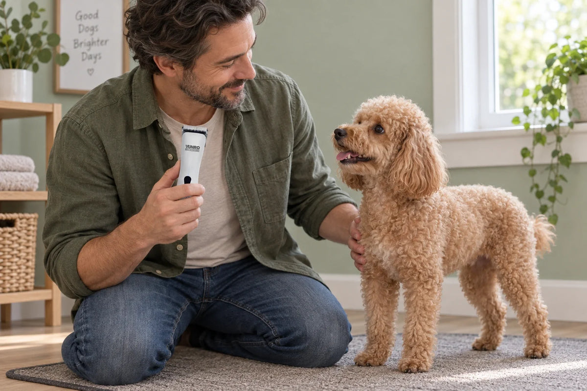 A pet parent prepares a VUNRO D-Series clipper beside a calm apricot Poodle.