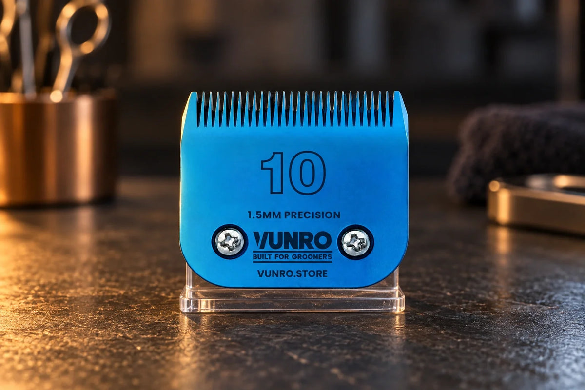 VUNRO number 10 blue A5 blade supported on an acrylic inspection stand under warm and cool light