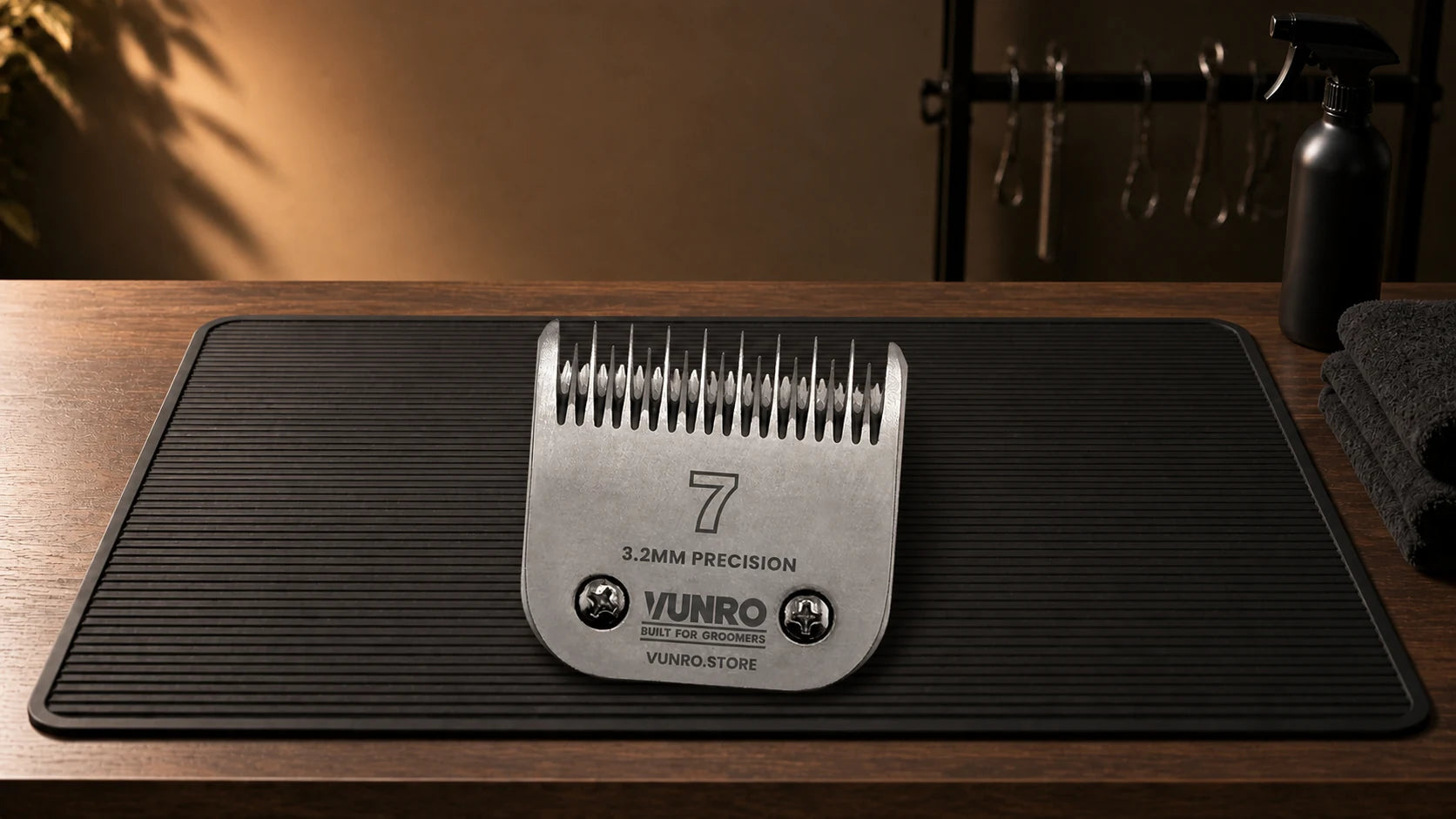 #7 Ceramic Skip Tooth Dog Clipper Blade (3.2mm) resting naturally on the VUNRO grooming workbench