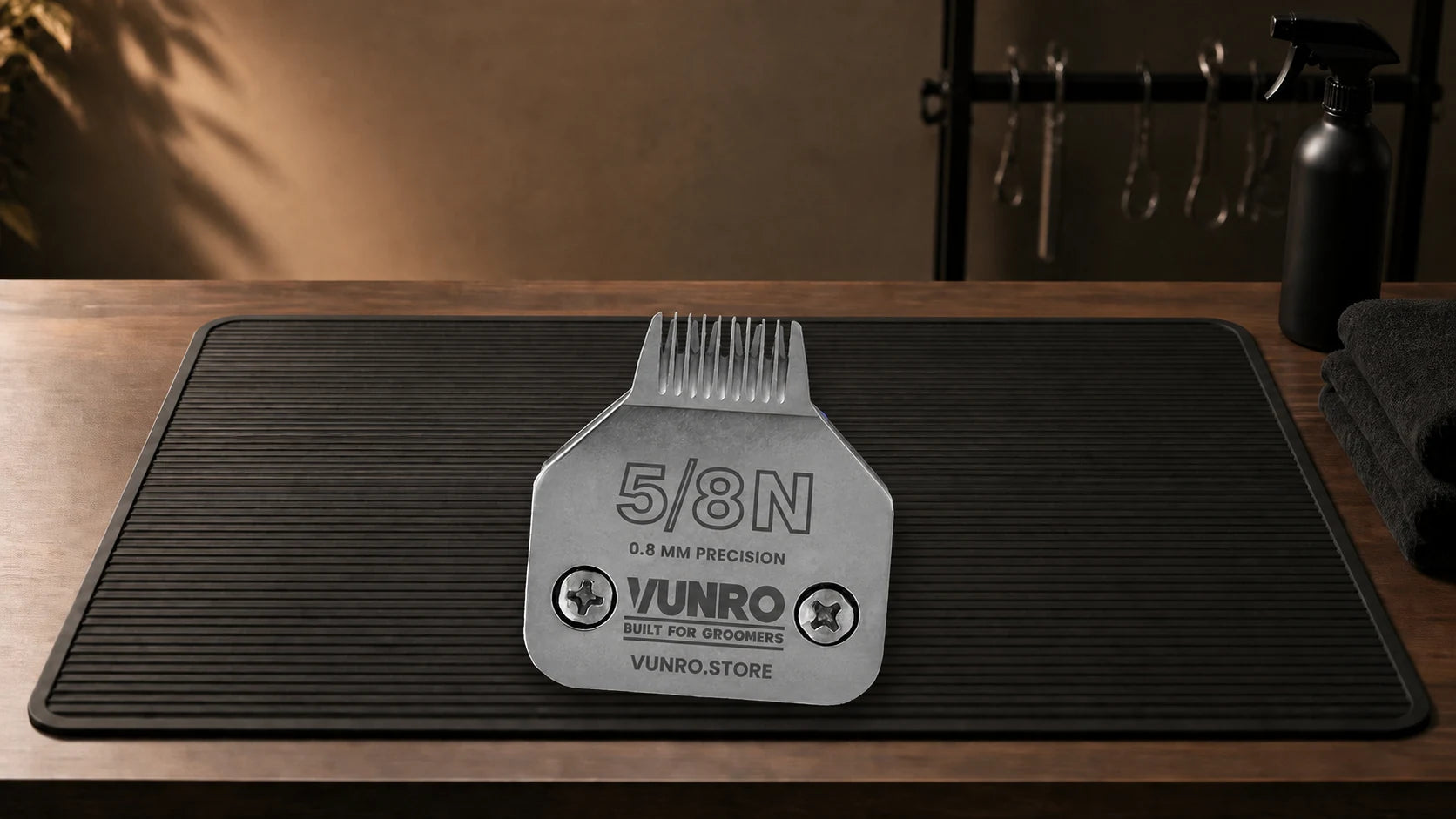 #5/8N Dog Clipper Blade (0.8 mm) resting naturally on the VUNRO grooming workbench